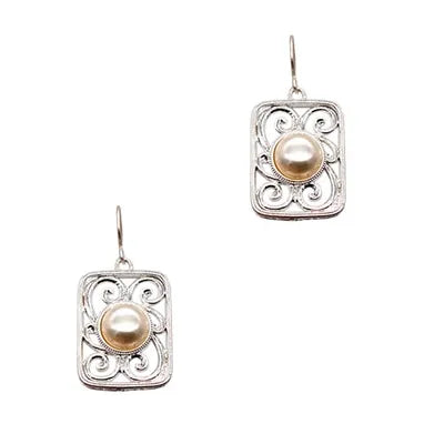 Filigree Square w Pearl Earrings - Silver