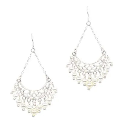 Filigree Teardrop w Pearl Earrings - Silver