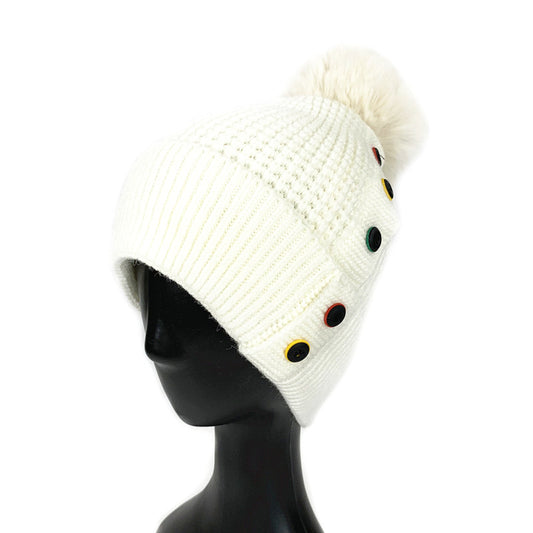 Beanie w Coloured Buttons-White