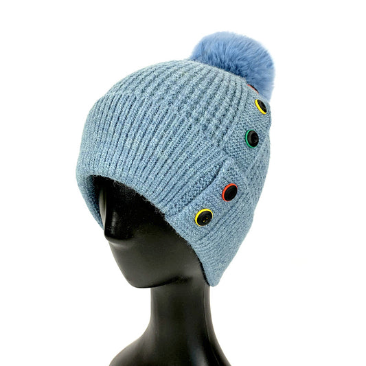 Beanie w Coloured Buttons-White
