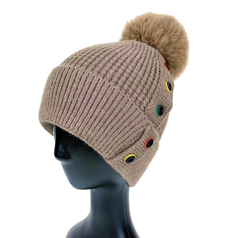 Beanie w Coloured Buttons-White