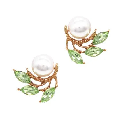 FW Pearl-CZ Leaf Studs - Peridot Green
