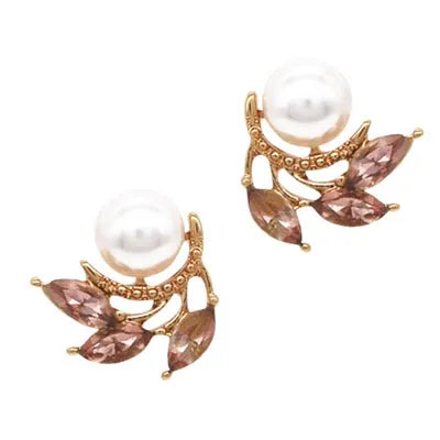 Pearl w CZ Leaf Studs - Vintage Rose