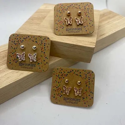 Studs - 2pc CZ Butterfly & Ball - Pink